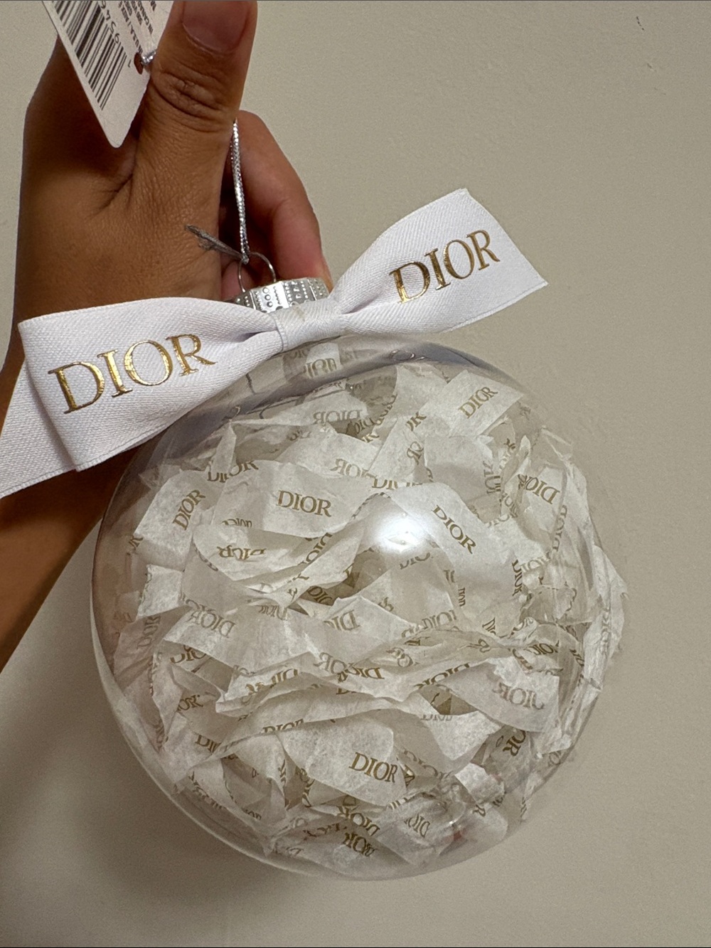 Extra Large Dior White and Gold Logo Ribbon Ornament Ball